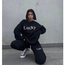 Amor Man Özel Tasarım Lucky Baskılı Tam Kışlık 3 Iplik Oversize Modern Kadın Eşofman Takımı