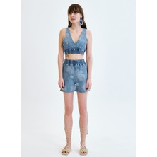 Denim Trip Yüksek Bel Box Fit Açık Indigo Kadın Denim Şort DT10020 Açık Indigo