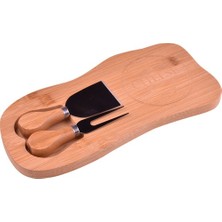 Bambum Gon 3 Parça Peynir Servis Seti Bambu Saplı Paslanmaz Çelik Bıçak ve Spatula ile 27x13x1.5 cm