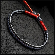 Seven Art Jewelry Siyah Gri Bileklik, Makrome Bileklik, Ip Bileklik, Antik Gümüş Düğme
