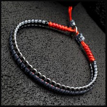 Seven Art Jewelry Siyah Gri Bileklik, Makrome Bileklik, Ip Bileklik, Antik Gümüş Düğme