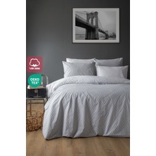 Leruum London Oslo %100 Pamuk Battal Boy Nevresim ve 2 Adet Yastık Kılıfı Seti Açık Gri Çizgili Çift Yönlü 240x220