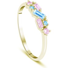 Kairos Jewelry 14 Ayar Altın Pembe-Mavi Zirkon Yüzük KRS1013-V4-1414R