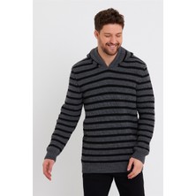 Cool Tarz Erkek Füme-Siyah Kapüşonlu Çizgili Triko KAZAK-TRZ8161R04S