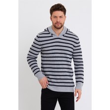 Cool Tarz Erkek Gri-Siyah Kapüşonlu Çizgili Triko KAZAK-TRZ8161R05S