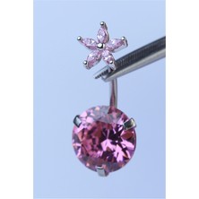 HD Piercing Çiçekli Pembe Taş Göbek Silver Piercing