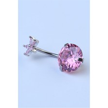HD Piercing Çiçekli Pembe Taş Göbek Silver Piercing