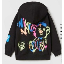 Lolli Boom Kids  Unisex Çocuk 3 Iplik Şardonsuz Siyah Üzeri Renkli Grafitti Ayıcık Baskı Desen Detaylı Sweatshirt