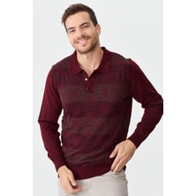 Desen Triko Erkek Polo Yaka Önü Desenli Kazak Bordo