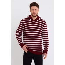 Cool Tarz Erkek Bordo-Beyaz Kapüşonlu Çizgili Triko KAZAK-TRZ8161R01S