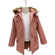 Çocuk Kışlık Kanvas Kumaş Büzmeli Diz Üstü İçi Kürk Kapüşonlu Kaban Mont-MNT-0005