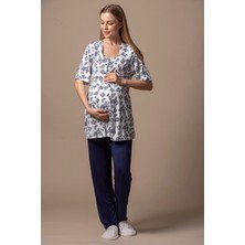 Effortt Lacivert Desenli Hamile Lohusa Pijama Takımı