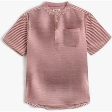 Koton Mandarin Yaka Tişört Kısa Kollu Düğmeli Tek Cepli Çizgili Pamuklu