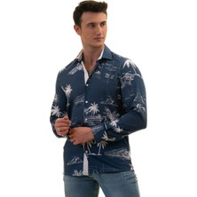 Exve Exclusive Indigo Mavi Hawaii Desen Baskılı Nefes Alan Slim Fit Gömlek