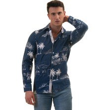 Exve Exclusive Indigo Mavi Hawaii Desen Baskılı Nefes Alan Slim Fit Gömlek