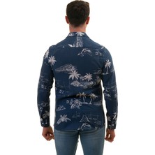 Exve Exclusive Indigo Mavi Hawaii Desen Baskılı Nefes Alan Slim Fit Gömlek