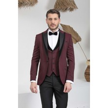 Zayfa Bordo Slim Fit Kadife Saten Yaka Erkek Damatlık Smokin