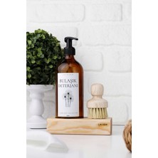 Lalezen Ahşap Standlı Fırçalı Çiçekli Bulaşık Deterjanı Etiketli Amber Şişe