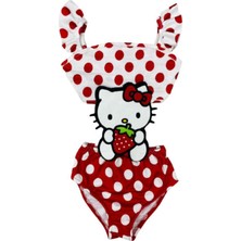 Lolli Boom Kids Kız Çocuk Çilekli Hello Kity Temalı Puantiyeli Kırmızı Renk Kol Fırfırlı - Son Sezon Kostüm Mayo