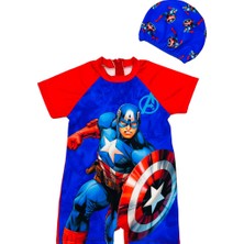 Lolli Boom Kids  Kaptan Amerika Baskı Detay Hassas Ten Yarım Kollu Fermuarlı Yüzücü Tarz Bone Hediyeli