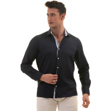 Exve Exclusive Lacivert Oxford Yaka ve Manşet Içi Yaprak Desenli Slim Fit Gömlek