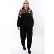 Kheos Leopar Desen Bloklu Bağcıklı Kapüşonlu Cepli Esnek Rahat Dökümlü ve Şık Likralı Eşofman Takım