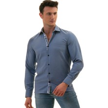 Exve Exclusive Mavi Oxford Yaka ve Manşet Içi Şal Desen Detaylı Slim Fit Gömlek