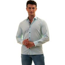 Exve Exclusive Su Yeşili Yaka ve Manşet Içi Çiçek Desen Detaylı Slim Fit Gömlek