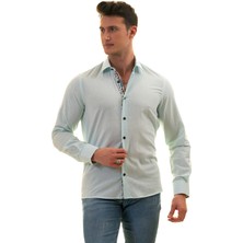Exve Exclusive Su Yeşili Yaka ve Manşet Içi Çiçek Desen Detaylı Slim Fit Gömlek