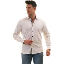 Exve Exclusive Beyaz Yaka ve Manşet Içi Siyah Çiçek Desen Detaylı Slim Fit Gömlek