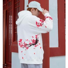 Amor Man Büyük Beden Kapüşonlu Japon Kiraz Çiçeği Baskılı Özel Tasarım Tam Kışlık Oversize Erkek Sweatshirt