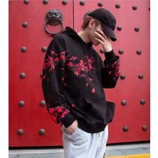 Amor Man Büyük Beden Kapüşonlu Japon Kiraz Çiçeği Baskılı Özel Tasarım Tam Kışlık Oversize Erkek Sweatshirt