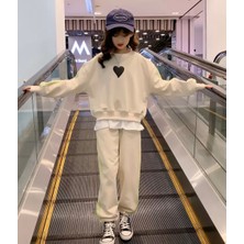 Amor Man Özel Tasarım Yuvarlak Yaka Siyah Kalp Baskılı 3 Iplik Tam Kışlık Oversize Kız Çocuk Eşofman Takımı