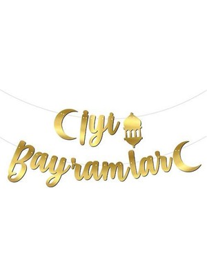 Pandoli Ramazan Temalı Iyi Bayramlar Yazılı Kaligrafi Altın Renk Kağıt Asma Süsü 210 cm