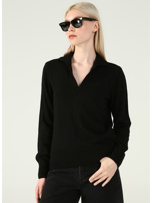 Fabrika Polo Yaka Basic Düz Siyah Kadın Kazak MORLEY
