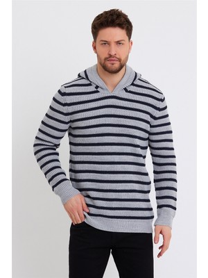 Cool Tarz Erkek Gri-Siyah Kapüşonlu Çizgili Triko KAZAK-TRZ8161R05S