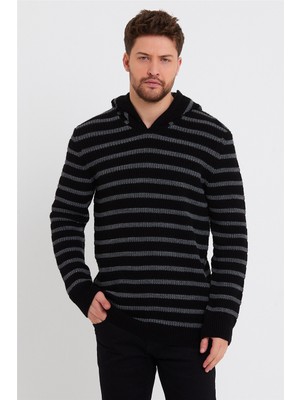 Cool Tarz Erkek Siyah-Füme Kapüşonlu Çizgili Triko KAZAK-TRZ8161R07S