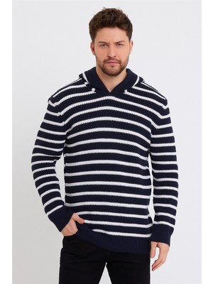 Cool Tarz Erkek Lacivert-Beyaz Kapüşonlu Çizgili Triko KAZAK-TRZ8161R02S