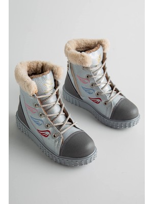 Aleza Shoes Su Geçirmez Gri Kürklü Kız Çocuk Bot Bağcıklı Rahat Taban Kış Sezonu İçin