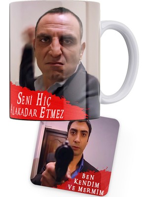 Remonz Kurtlar Vadisi Serisi Memati Baskılı Porselen Kupa ve Mdf Bardak Altlığı