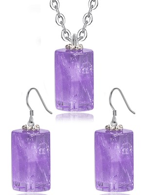 Tesbih Atölyesi Doğal Ametist Taşı Doğal Taş Kolye Küpe Seti