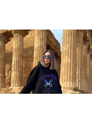 Touz Moda  Evolution Butterfly Siyah Kapüşonlu Sweatshirt