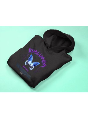 Touz Moda  Evolution Butterfly Siyah Kapüşonlu Sweatshirt