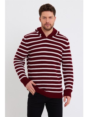 Cool Tarz Erkek Bordo-Beyaz Kapüşonlu Çizgili Triko KAZAK-TRZ8161R01S
