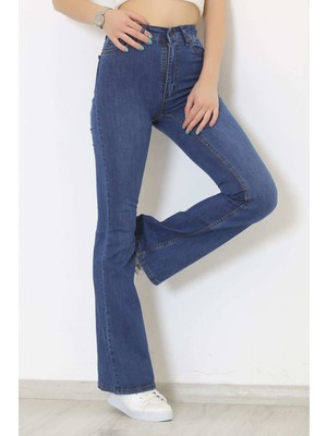 Velizade Kadın Yüksek Bel Ispanyol Paça Jean Kot Pantolon Koyu Mavi Denim  - 9730.1184.