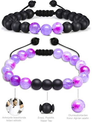Tesbih Atölyesi Sertifikalı Doğal Pembe Mor Kuvars Oniks Taşı Doğal Taş Bileklik Seti