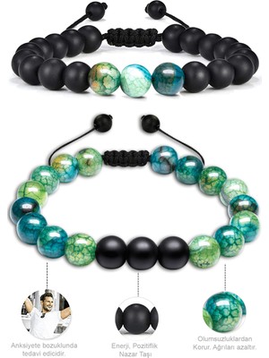 Tesbih Atölyesi Sertifikalı Doğal Mavi Yeşil Akik Oniks Taşı Doğal Taş Bileklik Seti