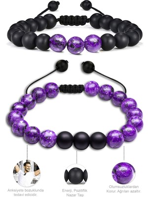 Tesbih Atölyesi Sertifikalı Doğal Afrika Ametist Oniks Taşı Doğal Taş Bileklik Seti