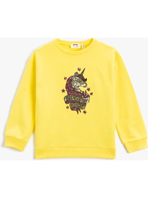 Koton Unicorn Pul Payet Işlemeli Sweatshirt Uzun Kollu Bisiklet Yaka