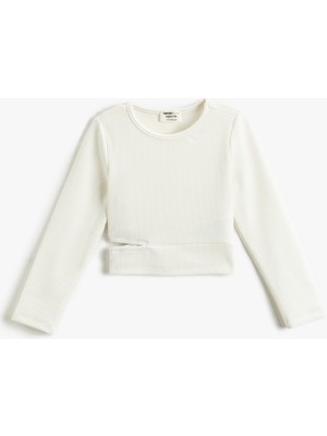 Koton Crop Uzun Kollu Tişört Yuvarlak Yaka Pencere Detaylı Ribanalı